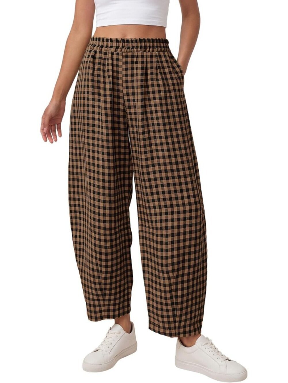 Women's Black Khaki Plaid Casual Loose Wide Leg Spring Fashion Beach Bottoms - Picture 1 of 5